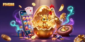 FIVE88 engages players with a golden dragon amidst vibrant casino elements, showcasing excitement.